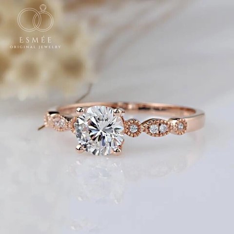 モアッサナイト K14 ラウンドカット 1ct キラキラ ラグジュアリー ゴージャス ミル打ち リング 結婚指輪