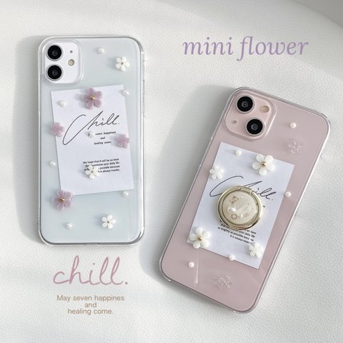 ✿iPhone15対応✿ purple/White   mini flower iPhoneケース