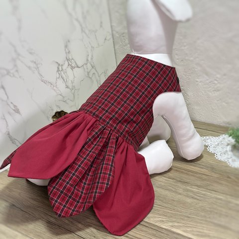 【妖精になれちゃう？！犬服】レッド無地/チェック⭐︎リバーシブル S〜M