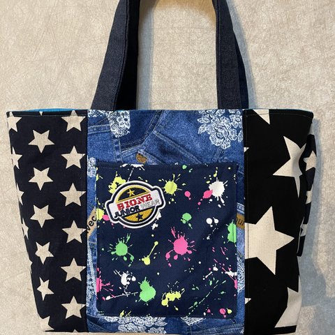 トートバッグ　ハンドメイド　デニム風　星柄