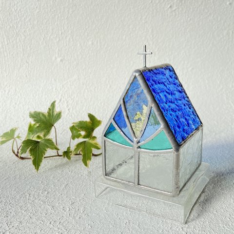 【Medium church】Clear blue Church ステンドグラス　LED専用キャンドルホルダー