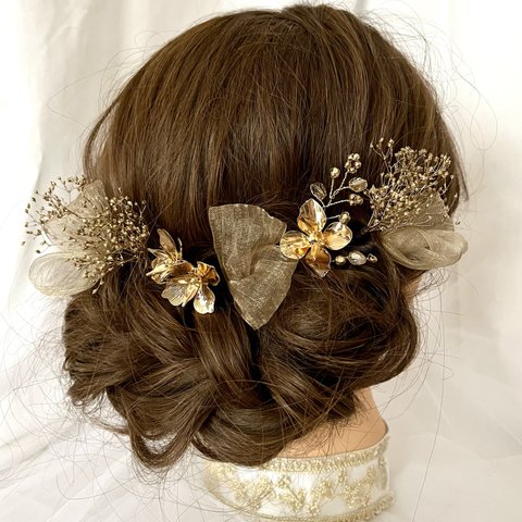ゴールドフラワー⌘髪飾り ヘッドドレス 結婚式