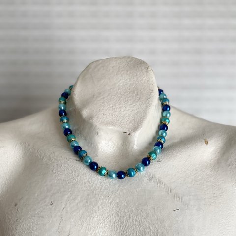 Vintage 80s retro blue×navy pearl classical necklace レトロ ヴィンテージ ブルー×ネイビー パール クラシカル ネックレス