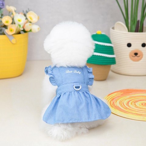 【ライトブルー】ペット服 猫 子犬 春 夏 ジャンプスーツ デニムスカート デニム フリル 秋 犬 ワンピース 犬服 可愛い 小型犬 ch-712