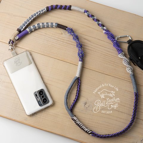 パラコードをしっかりと編み込んだスマホショルダー　カメラストラップに変更も可　PURPLE×CHOCO