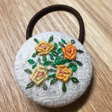 刺繍ヘアゴム　黄色系薔薇