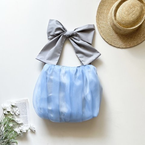 【受注生産】ショルダー・斜めがけ・手提げと〈3way〉で使える！ ribbon tote bag （ペールブルー）