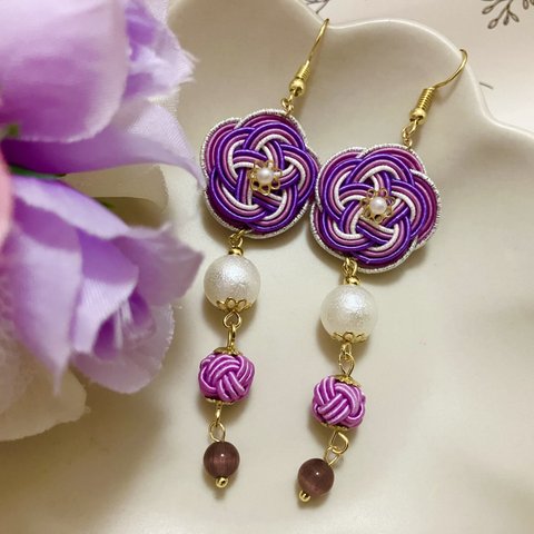 裏も可愛い💜ロング紫系ピアス　イヤリング　ハンドメイド　