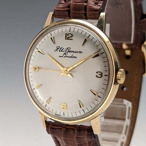 1970年 英国ヴィンテージ J.W.ベンソン K9金無垢ケース 紳士用腕時計 動作良好
