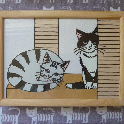 キャットタワーでくつろぐ猫ちゃん達の切り絵🐱　（A５判サイズ）