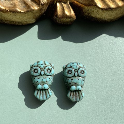 【2コセット】#czech beads#チェコビーズ　owl18✖️11㍉　turquoise/ bronze