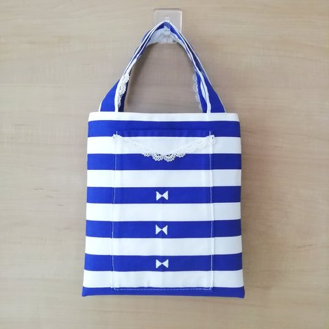 おめかしbag✨  ボーダー リボン 刺繍 レース ミニバッグ ハンドバッグ エコバッグ ストライプ