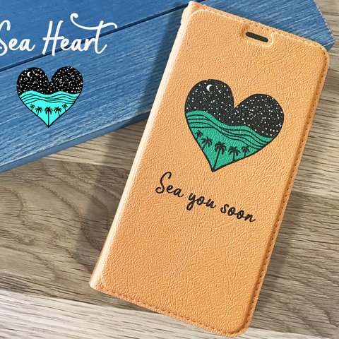 【ベルト無し手帳型】大人気★ 名入れ♪ iPhone★ SEA HEART 手帳型 スマホケース