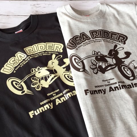 『USA RIDER/ウサライダー』レギュラー Tシャツ/2カラー・3サイズよりお選び頂けます。/ ウサギ バイク