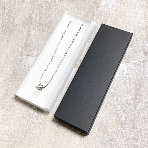 貼り箱ギフトボックス　ロングネックレス（薄紙・クッション綿）220×68×27mm ホワイト ブラック　日本製 B266-B267