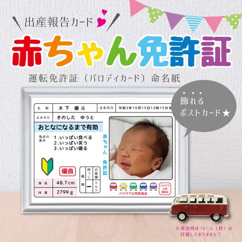 【出産報告】写真＆名入れ/運転免許証風（パロディカード）命名紙/ポストカードサイズ