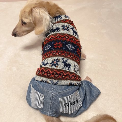 犬服★ ノルディック柄　ネイビーレッド　フリース　スカート　ロンパース　お名前入り　ダックス