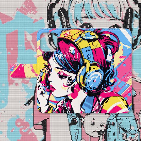 80’s レトロゲーム風ヘッドホンの女の子ドット絵 手帳型スマホケース  　iPhone Android各機種対応 ハイクオリティタイプ 