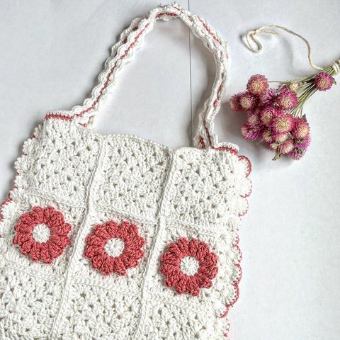 ピンク色🌷編み物トートバッグ