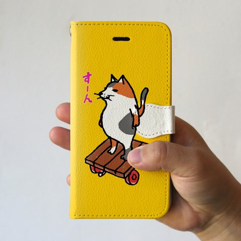 スマホケース　猫がすーん（イエロー）