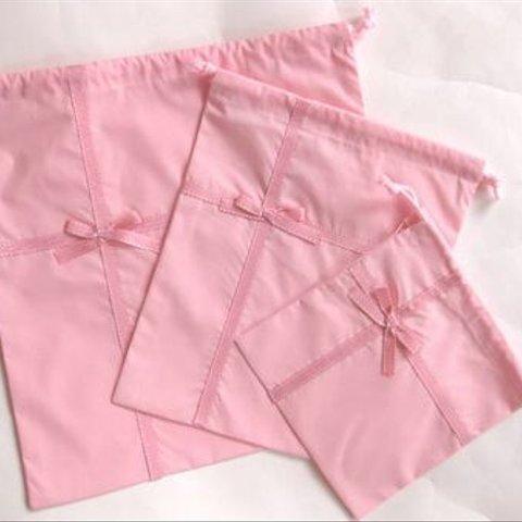 巾着3枚組　　ピンク×ピンクリボン