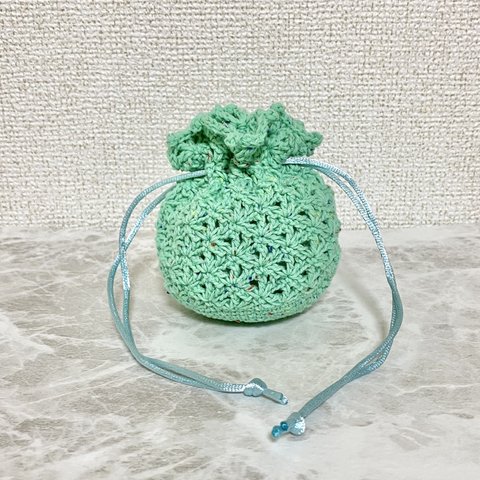 手編み まんまるミニ巾着 ミニポーチ ◆ ミント 緑