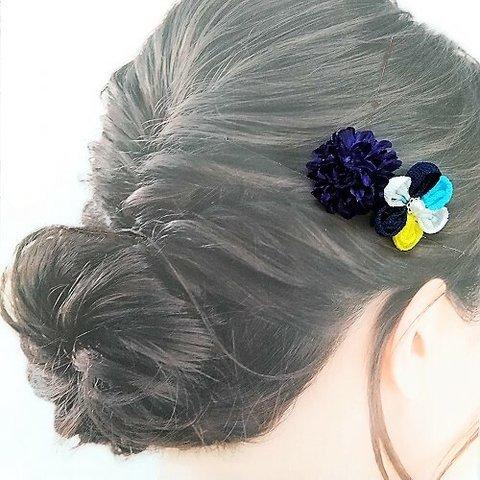 マムとつまみ細工の髪飾り・ヘアピン2個セット（ブルー＆イエロー）