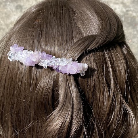 80s 天然石 アメジスト 水晶 ヘアクリップ