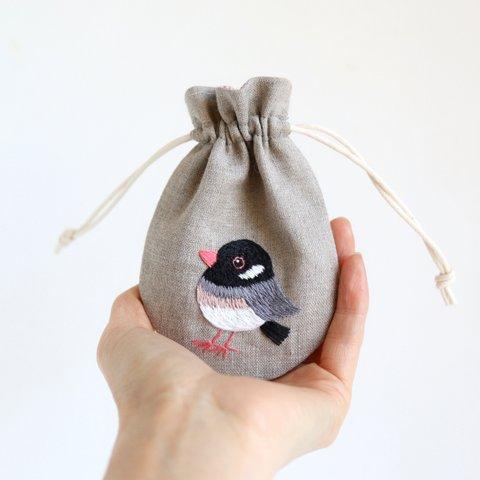 【サイズ・ポーチ変更可】桜文鳥さんの刺繍リネンミニ巾着【受注生産】　