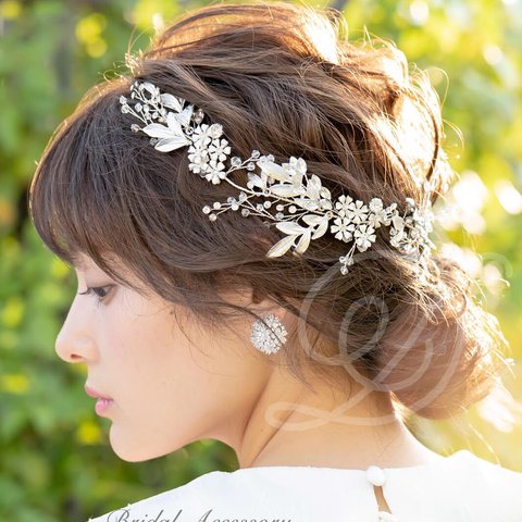 フラワー リーフ ビジュー 小枝アクセサリー ヘッドドレス ブライダル ヘッドドレス 結婚式 ウェディング パーティー 小枝 ティアラ 前撮り 後撮り ロケーションフォト ナチュラルウェディング