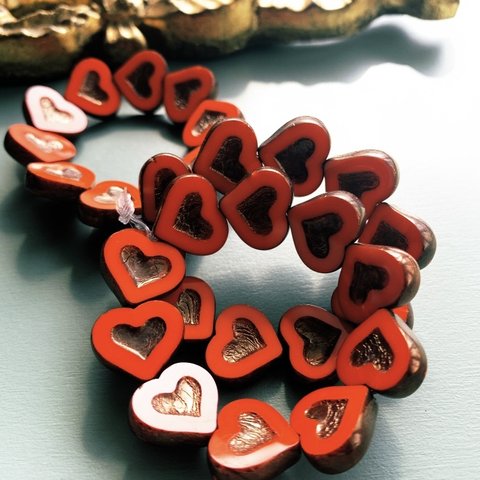 【2コセット】JIRI＊IVANA#czech beads#チェコビーズ　heart♡14✖️12㍉ 朱赤　red orange/dark bronze