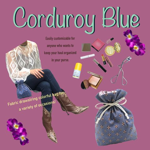 裏地もかわいい総柄巾着 Corduroy blue