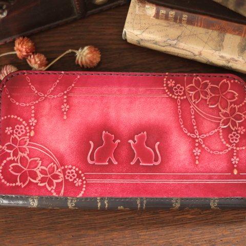 【ピンク色】猫と桜の洋古書風長財布