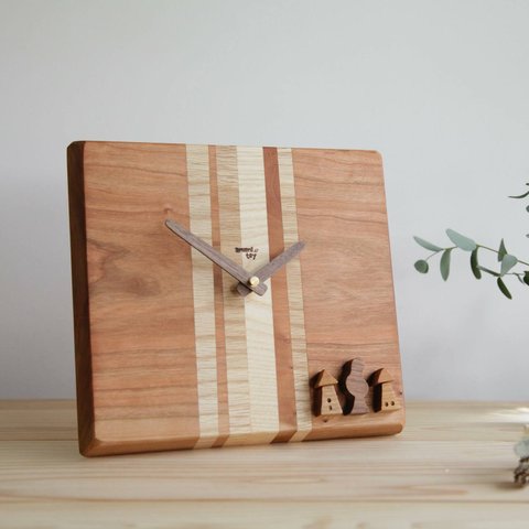 寄せ木の時計（ブラックチェリー）　天然木　オリジナル木製時計　日本製　新築祝い　結婚祝い　クリスマス