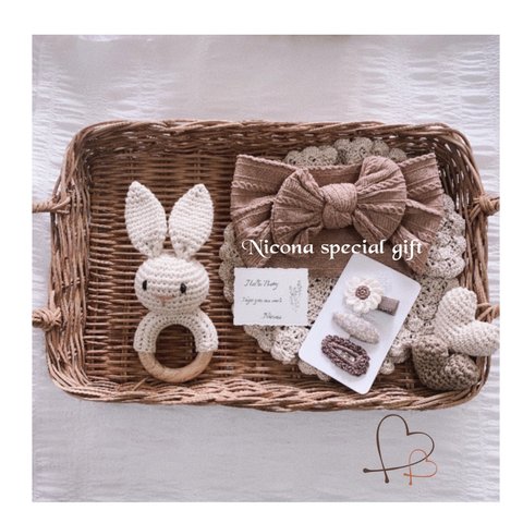 🧸3点セット＊ Nicona  special gift＊babyribon hair band& hair clip 3本＆ rabbit rattle＊ヘアクリップとヘアバンド選べます＊新生児🧸