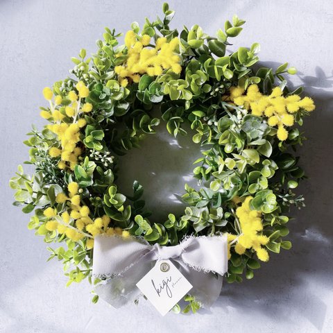 【mimosa eucalyptus natural chiffon wreath】ミモザ ユーカリ ナチュラル シフォン リース