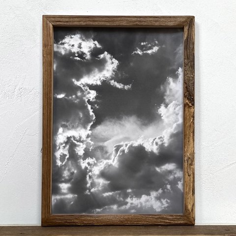 「モノクロアート Clouds」A4 モノトーン ポスター & 木製 アンティーク 額縁 セット