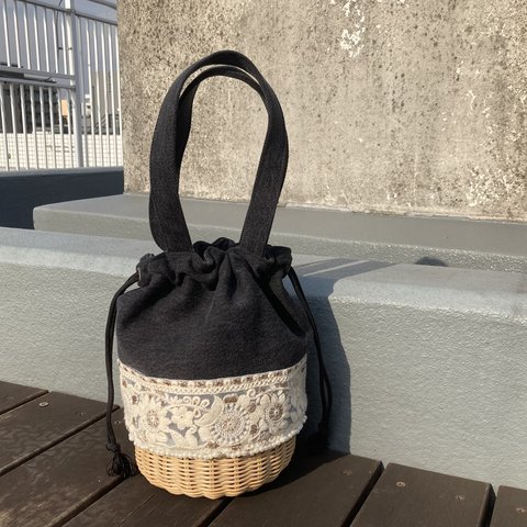 ブラックデニムリメイクバッグ　 Type custom Drawstring Basket BK Denim × India Embroidery ribbon Pearl 