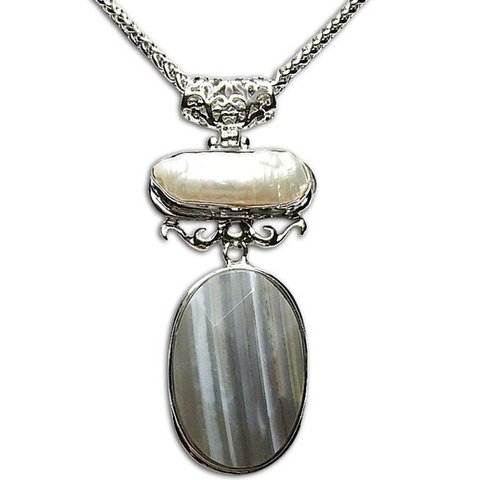 レア一点物天然石レースアゲートいびつな真珠パール欧風ペンダント ネックレス705-105Za