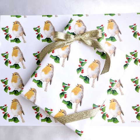 唄うヨーロッパコマドリ　ホイップクリームの雪❄️デザインペーパー　ラッピングペーパー　包装紙　クリスマス