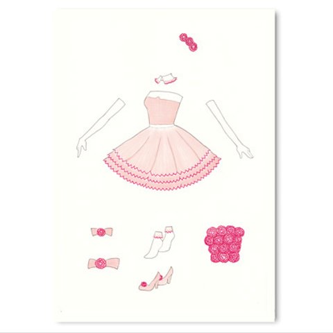 ペーパードールお洋服　ドレス「カーネーション（ピンク）」（紙の着せ替え　紙製A4サイズ）