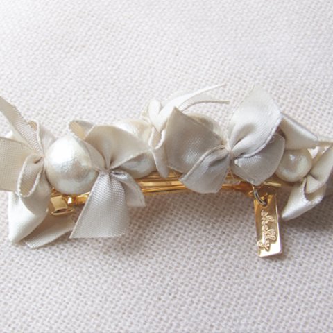 ribbon & cottonpearl barrette　【ゴールド】