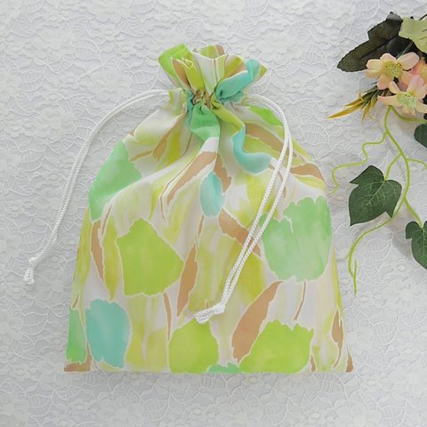 シフォン巾着袋 ♥ 花柄(グリーン)