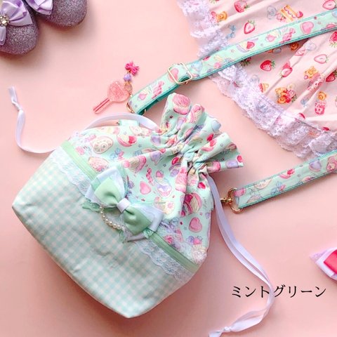 ポシェット キッズ 女の子 かわいい ゆめかわ 巾着 巾着バッグ 斜めがけ リボン ショルダーバッグ ミントグリーン パステル お出かけ 浴衣 祭り