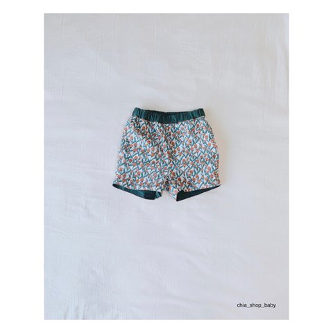 【reversible half bottom (green and orange)】送料無料　ベビー　ハーフパンツ　ショートパンツ　70cm 80cm 90cm 人気　男の子　女の子　花柄　出産祝い