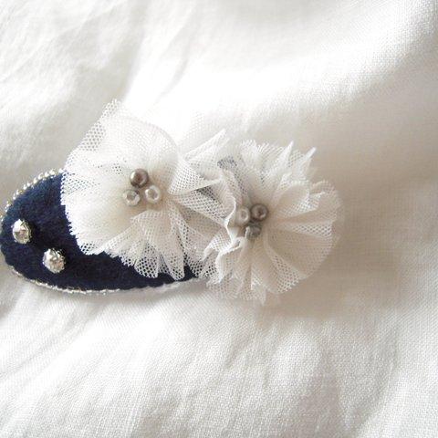 チュールのお花とパールビーズのバレッタ_#014_tulle barrette