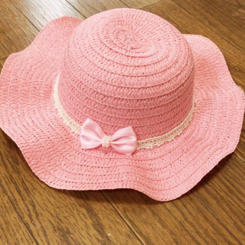 子供用ピンクにレースシンプルパールリボンが可愛いツバ広フレア麦わら女優帽子