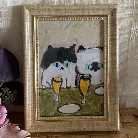 絵画。原画手描き【かわいい猫たちとシャンパンを飲みます】