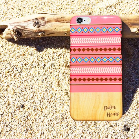 名入れ♪ ネイティブ柄ウッド★iPhone&Android★ TRIBAL WOOD PINK スマホケース