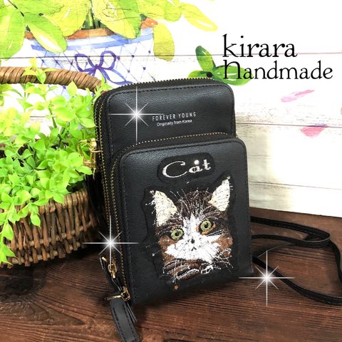 猫刺繍　2wayポシェット